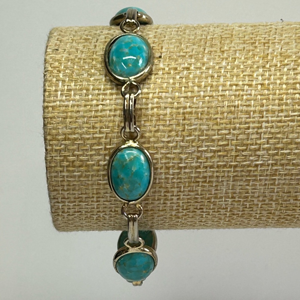 Vintage Turquoise colored glass cabochon stones silver tone chain link bracelet